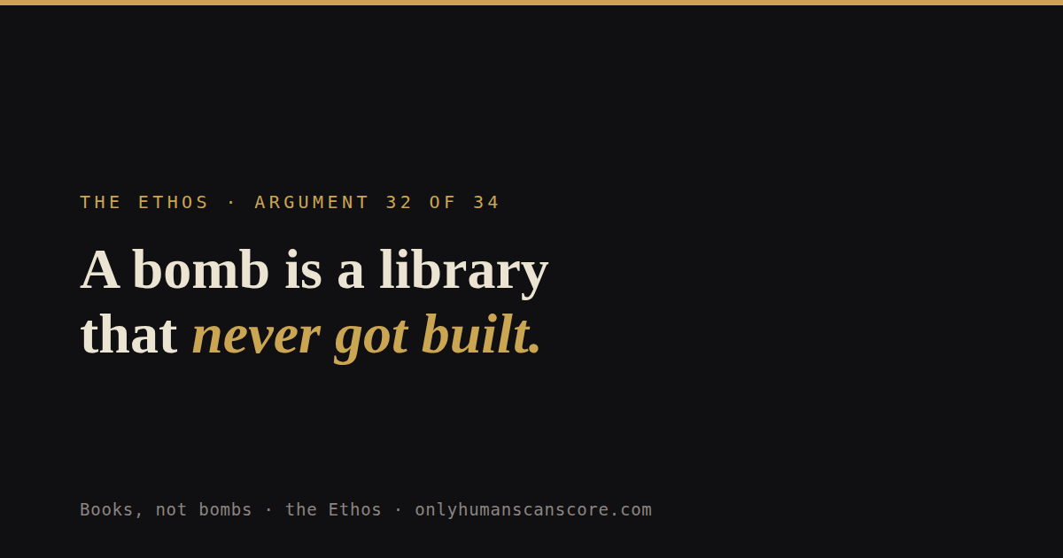Card: A bomb is a library that never got built. — Books, not bombs, the Ethos, argument 32