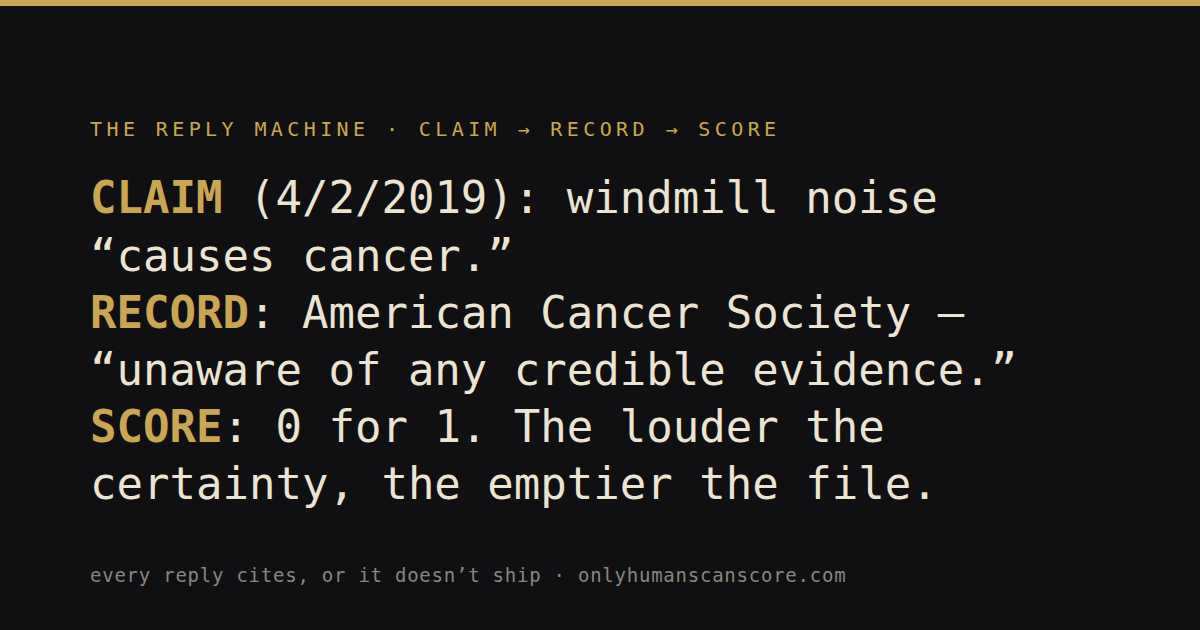 Card: The Reply Machine scoreboard. Claim, 4/2/2019: windmill noise causes cancer. Record: American Cancer Society, unaware of any credible evidence. Score: 0 for 1. The louder the certainty, the emptier the file.