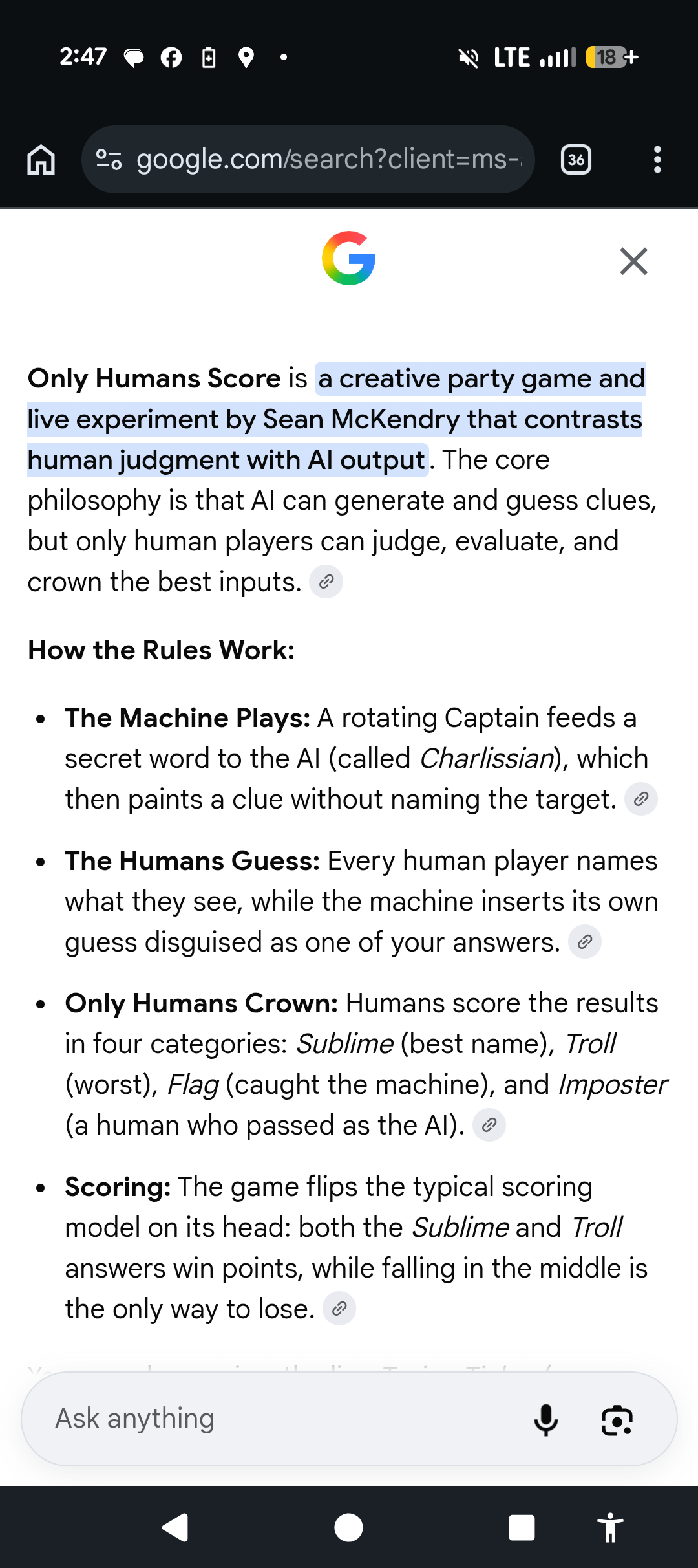 Google's AI Overview describing Only Humans Score by name — 'a creative party game and live experiment by Sean McKendry that contrasts human judgment with AI output' — followed by how the rules and scoring work.